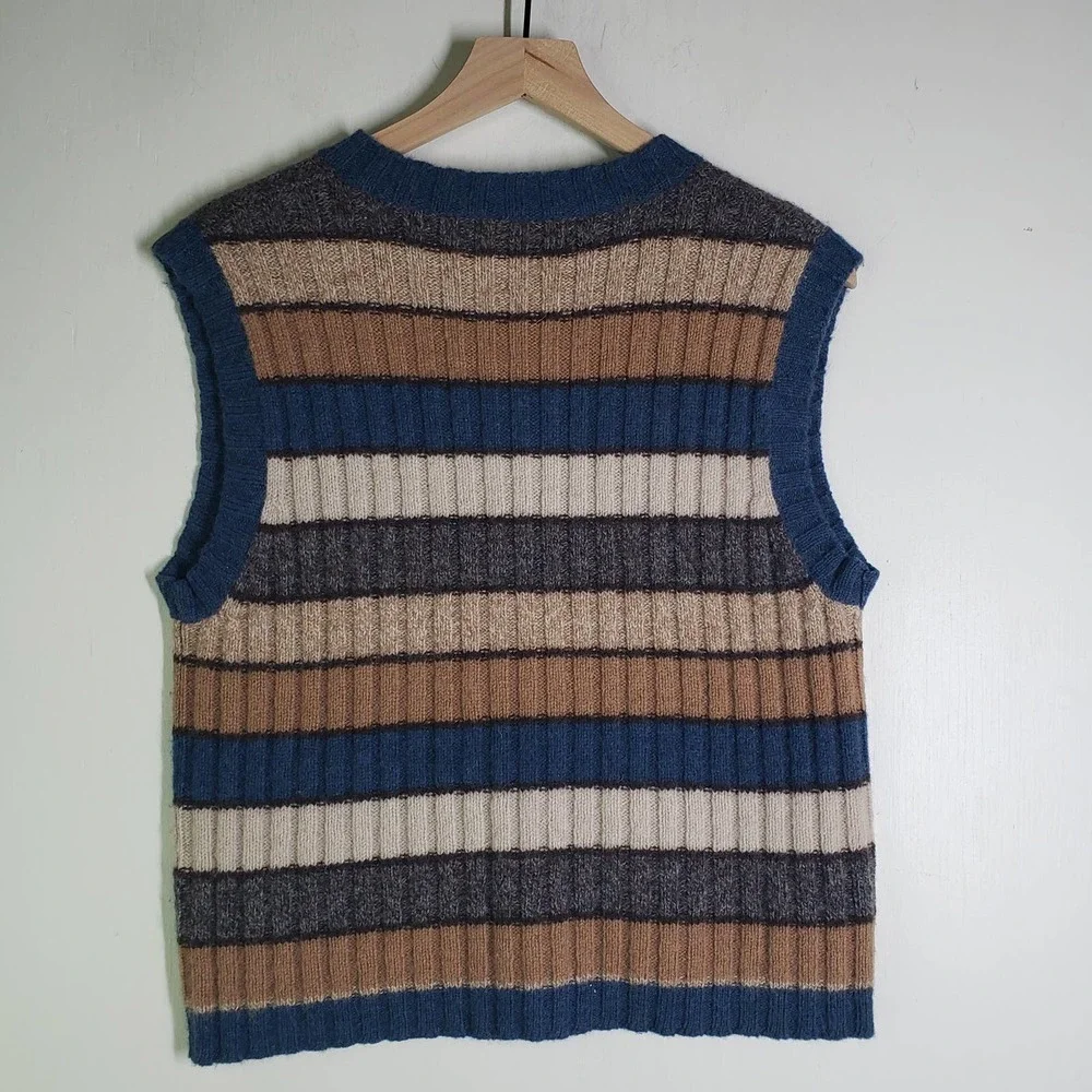 Vintage Maurices Stripe Sweater Vest L Blue‎ Brown Tan Wool